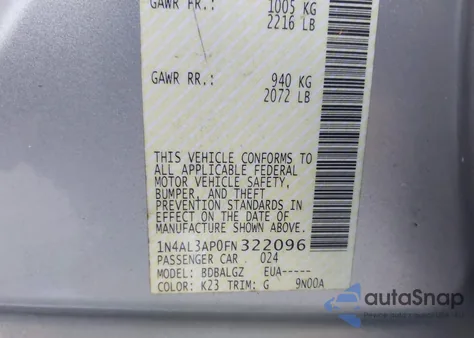 2015 Nissan Altima 2.5/2.5 S/2.5 Sl/2.5 Sv из США, поврежденный, VIN 1N4AL3AP0FN322096